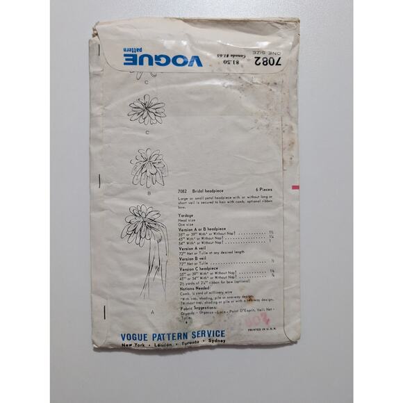 Vogue 7082 Bridal Headpiece Pattern by Halston for Bergdorf Goodman 1950's - Picture 3 of 3